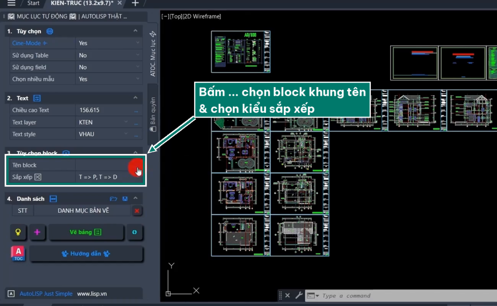 Lisp ATOC chọn block khung tên để tạo danh mục