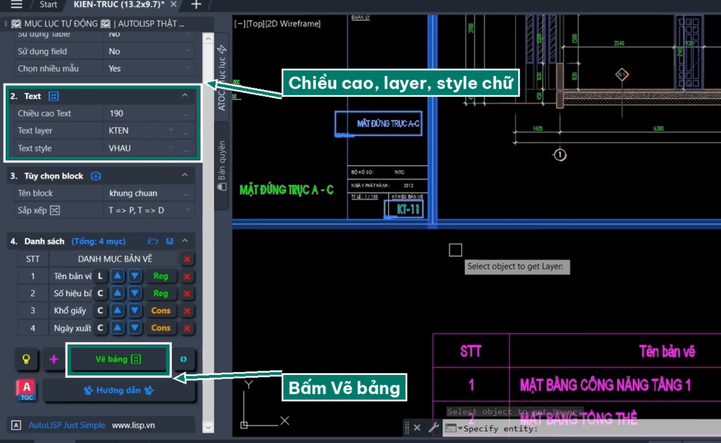 Lisp ATOC chỉnh chữ và bấm Vẽ bảng danh mục