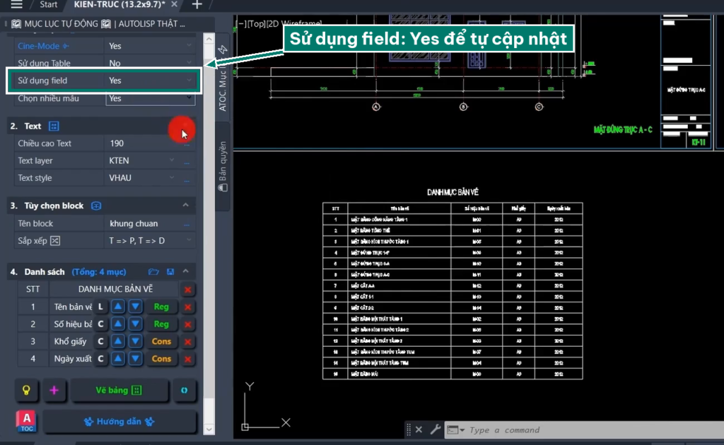 Lisp ATOC chọn Sử dụng Field để danh mục tự cập nhật