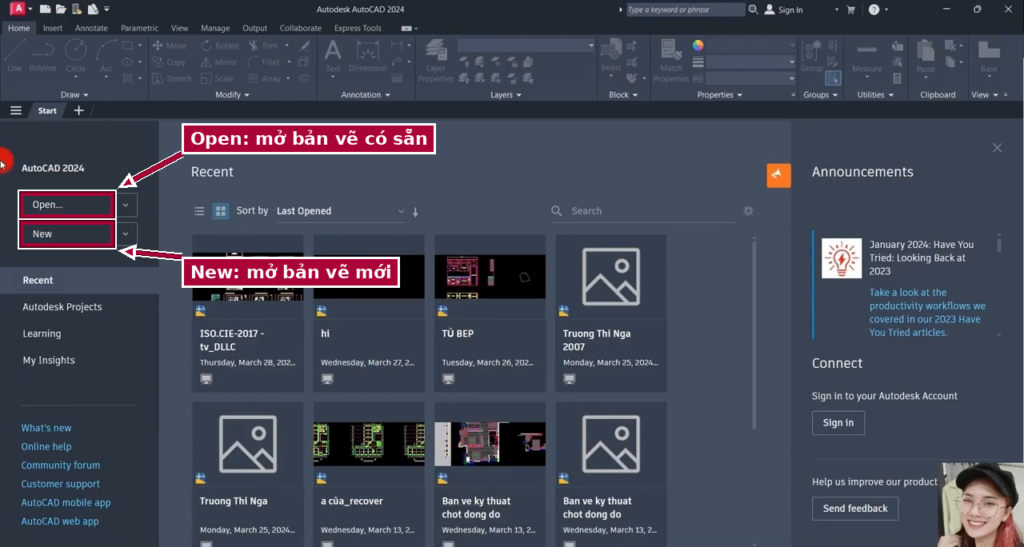 Màn hình Get Started của AutoCAD: Open và New