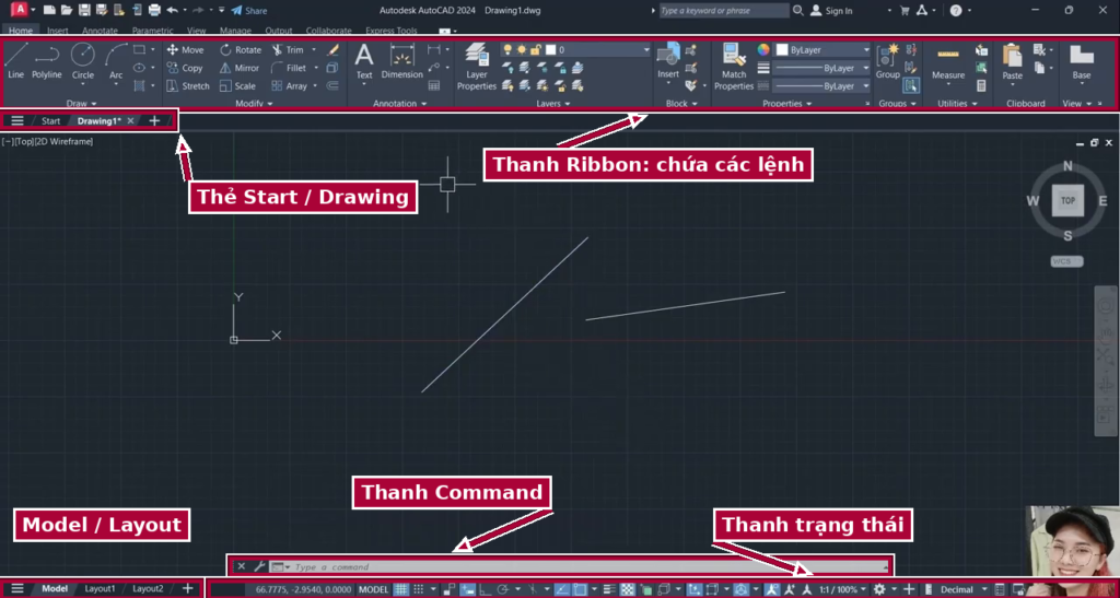 Các thanh trong giao diện AutoCAD: Ribbon, Start và Drawing, Command, Model và Layout, thanh trạng thái