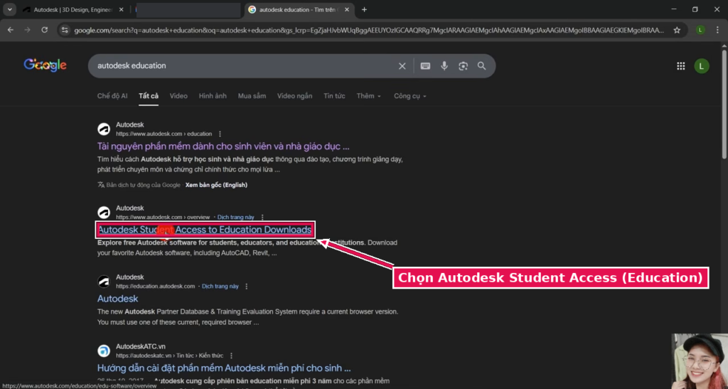 Tìm Autodesk Education trên Google và chọn Autodesk Student Access