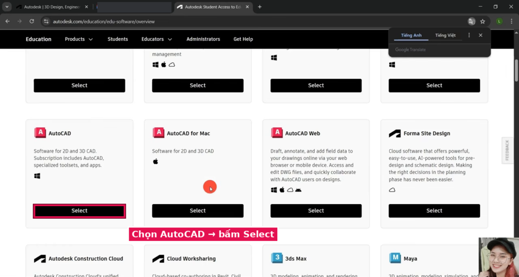Chọn AutoCAD và bấm Select trên trang Autodesk Education