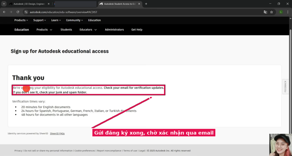 Gửi đăng ký Autodesk Education xong, chờ xác nhận qua email