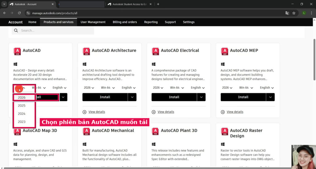 Chọn phiên bản AutoCAD muốn tải trong Products and services