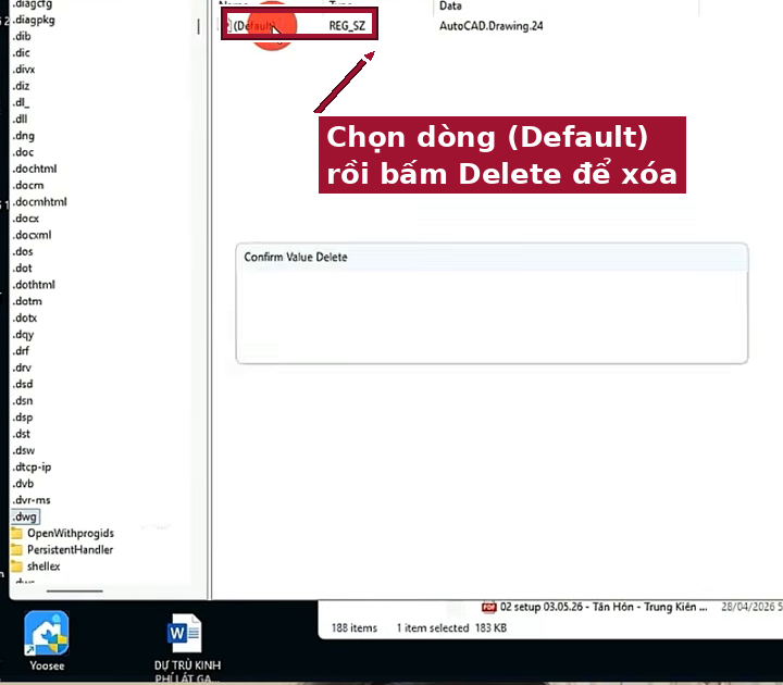 Registry Editor: chọn dòng (Default) rồi bấm Delete để xóa