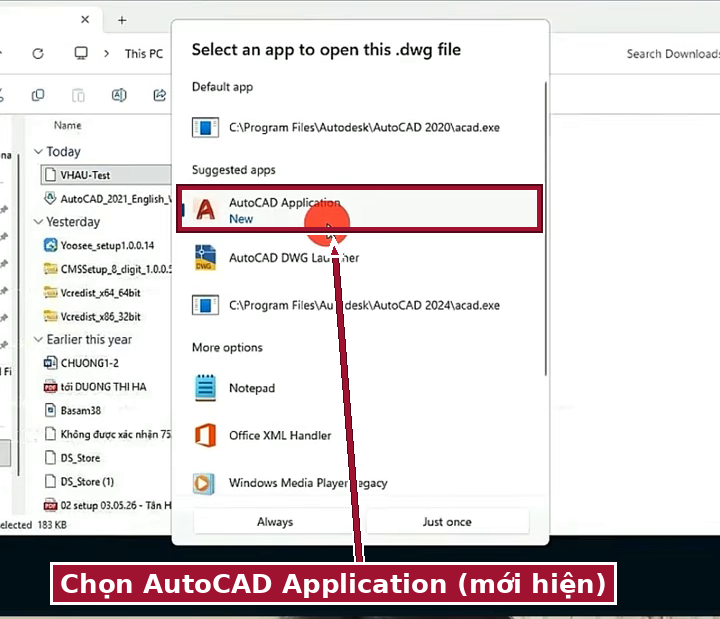 Chọn AutoCAD Application trong bảng chọn ứng dụng mở file .dwg