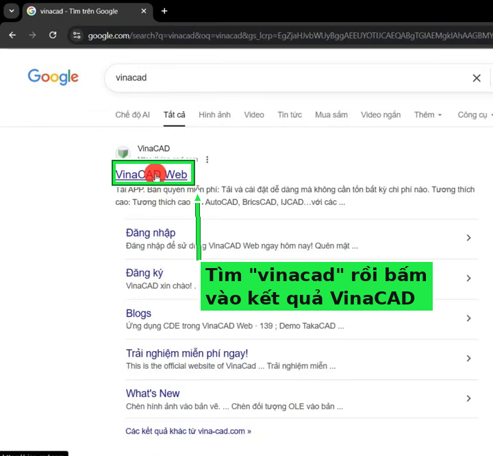 Tìm vinacad trên Google rồi vào trang chủ VinaCAD để tải về