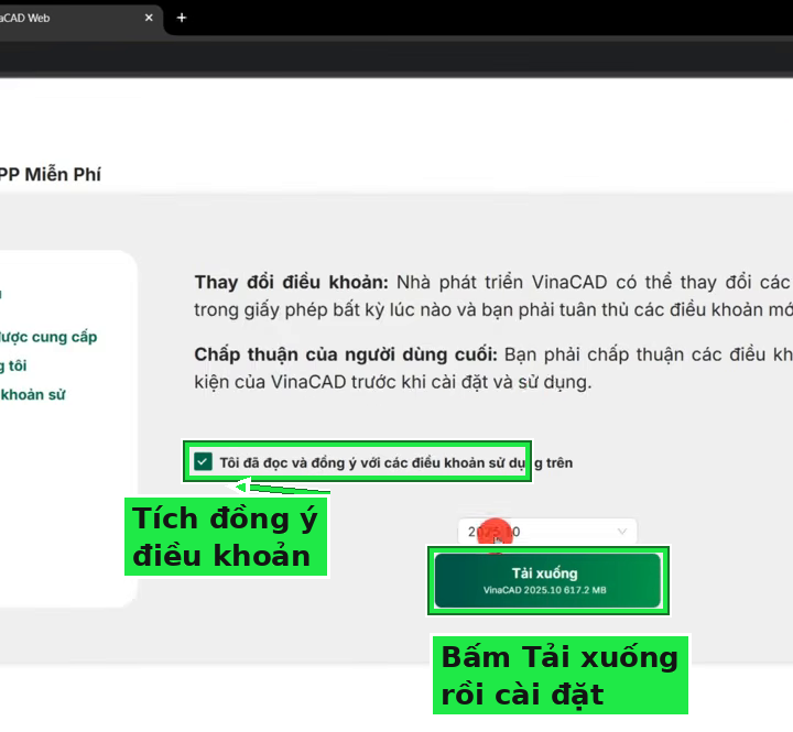 Tích đồng ý điều khoản rồi bấm Tải xuống VinaCAD