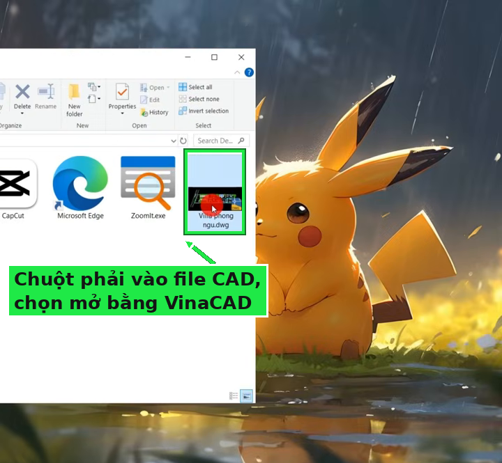 Chuột phải vào file CAD và chọn mở bằng VinaCAD