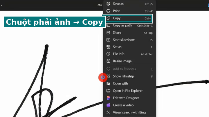 Chuột phải vào ảnh chữ ký rồi chọn Copy