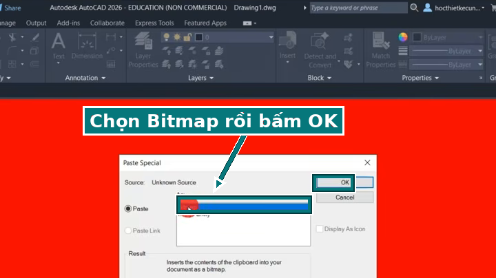 Hộp thoại Paste Special của AutoCAD: chọn Bitmap rồi bấm OK