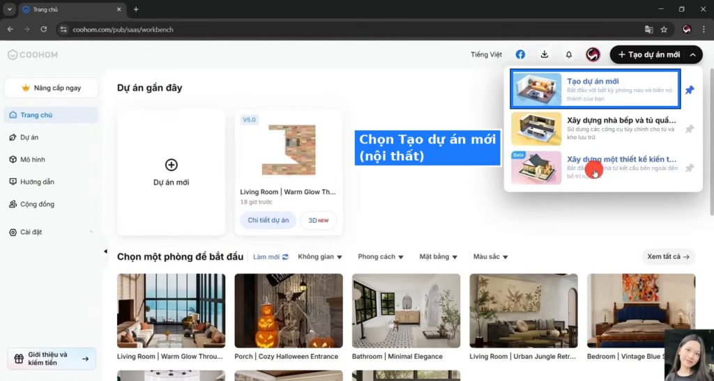 Chọn Tạo dự án mới trong Coohom để thiết kế nội thất