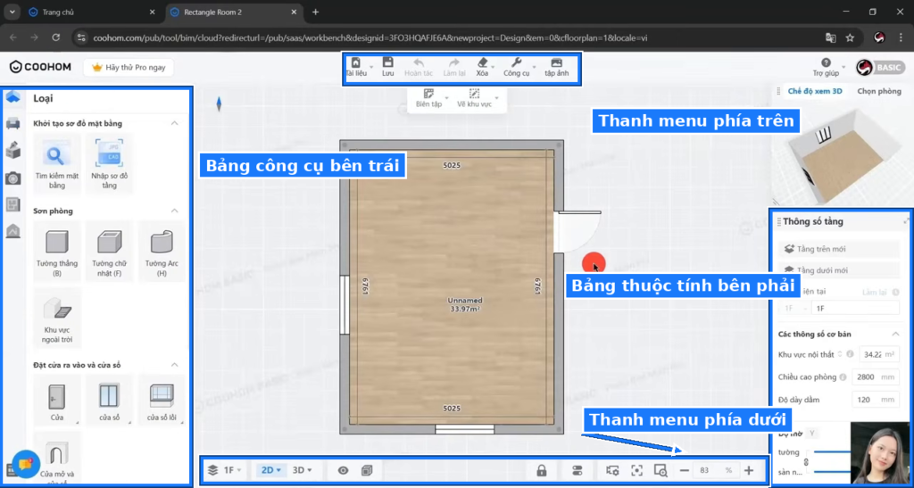 Các vùng giao diện Coohom: menu trên, bảng công cụ trái, bảng thuộc tính phải, menu dưới