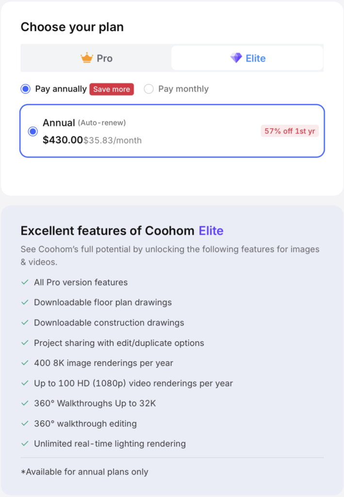 Coohom plan selection screen with the Elite annual plan price