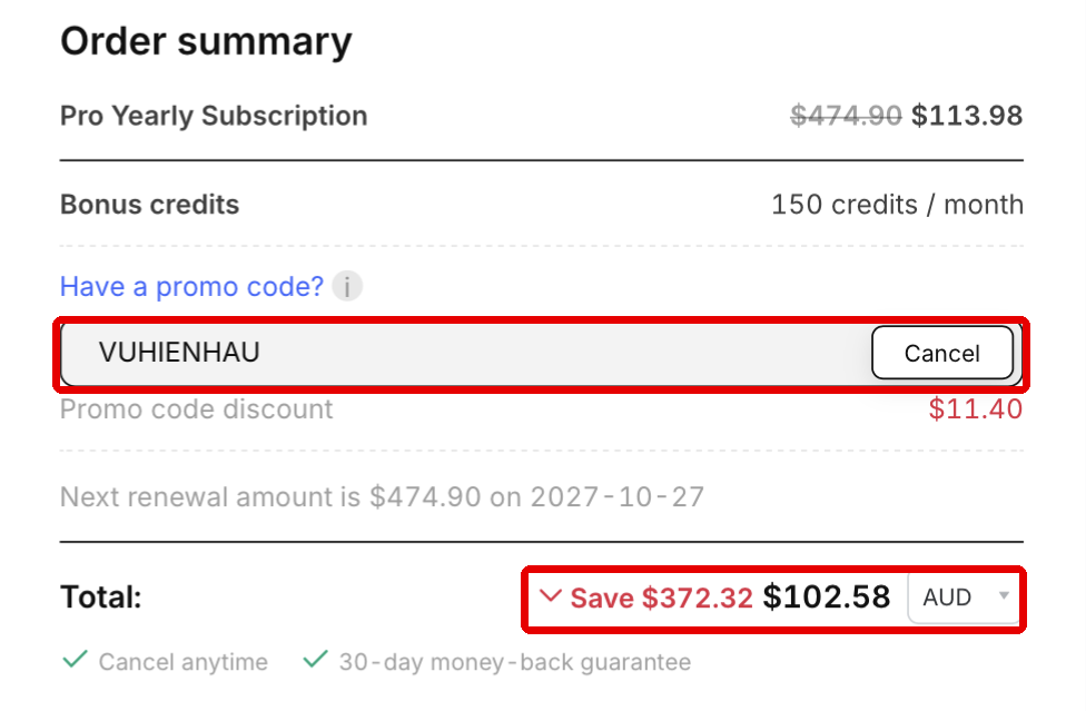 Coohom checkout order summary with promo code applied