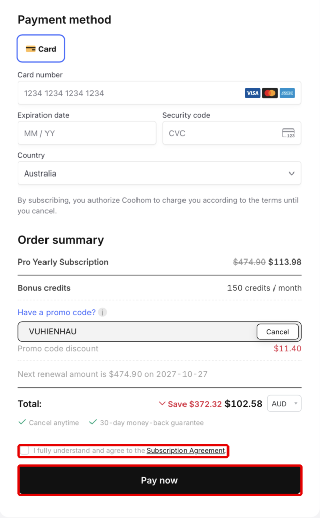 Coohom payment screen with card details and subscription agreement