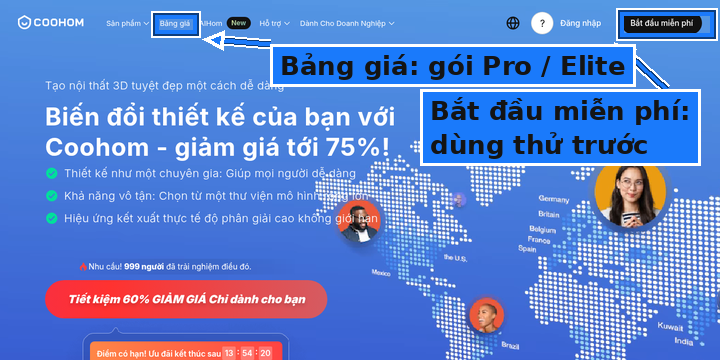 Trang Coohom: mục Bảng giá và nút Bắt đầu miễn phí