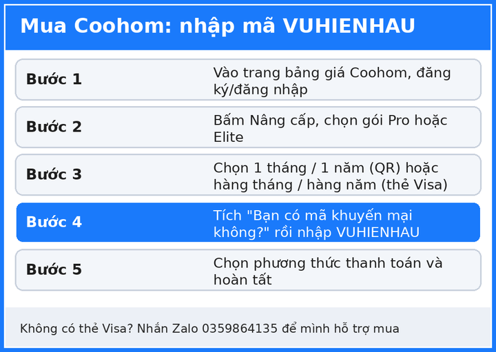 Các bước mua Coohom và nhập mã VUHIENHAU