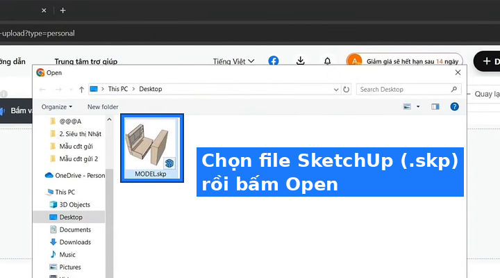 Chọn file SketchUp .skp để tải lên Coohom