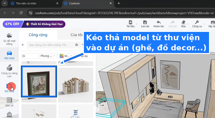 Kéo thả model từ thư viện Coohom vào dự án