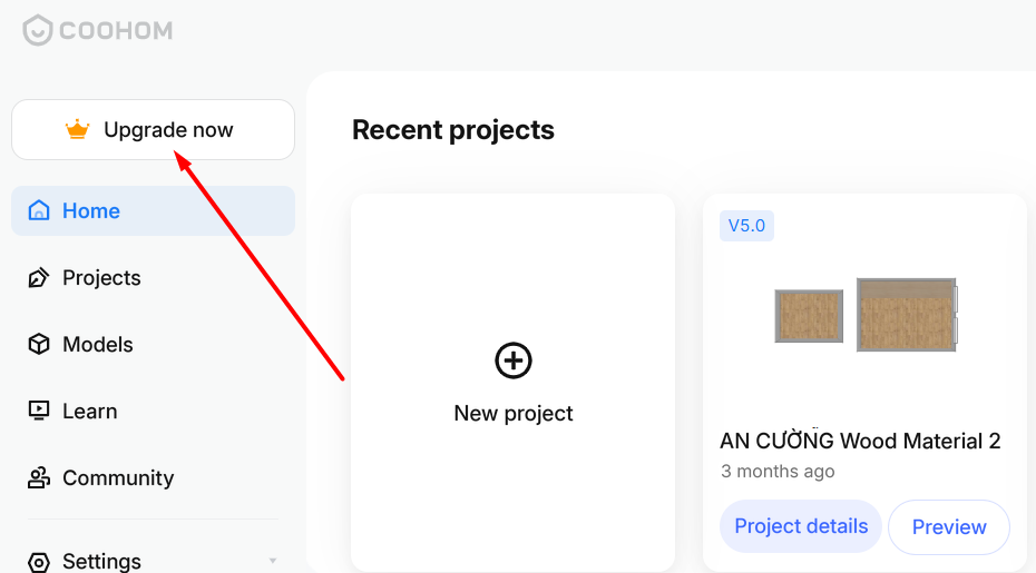 Coohom workspace home page with recent projects
