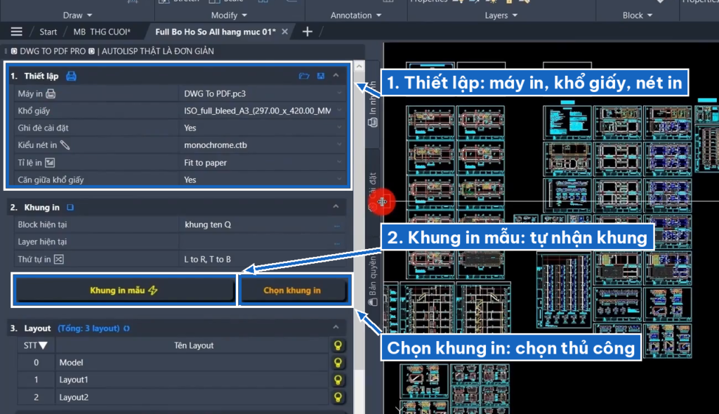 Lisp D2P phần thiết lập máy in, khổ giấy, khung in