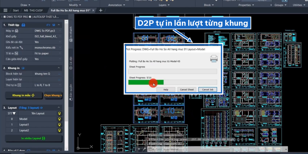 Lisp D2P đang in hàng loạt các khung bản vẽ theo thứ tự