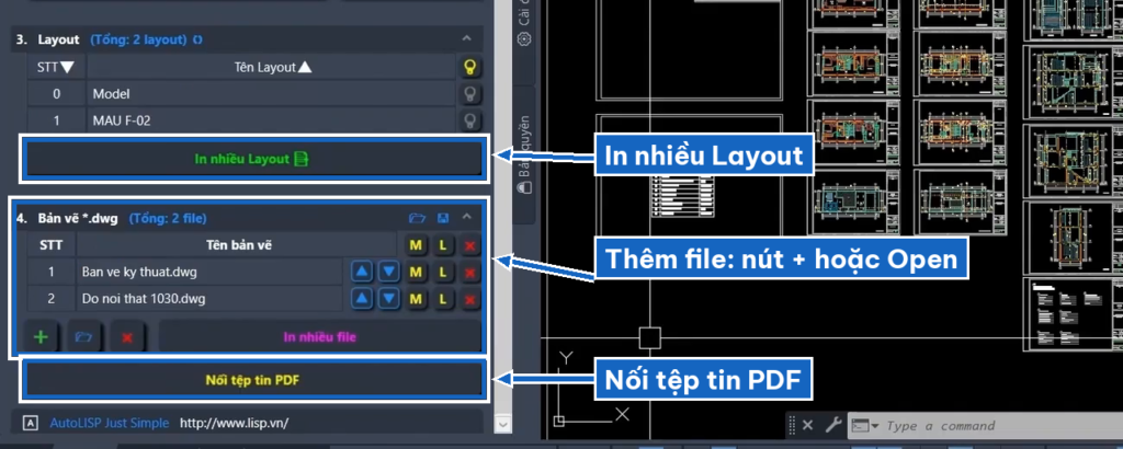 Lisp D2P in nhiều layout và nhiều file bản vẽ cùng lúc