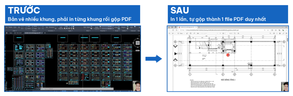 Trước và sau khi dùng lisp D2P: nhiều khung bản vẽ in ra gộp thành 1 file PDF