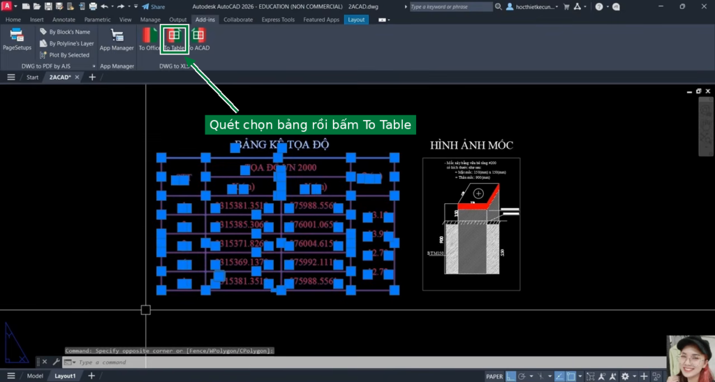 Lisp D2X bấm To Table chuyển bảng AutoCAD sang Excel