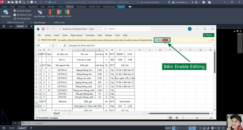 Bấm Enable Editing trong Excel trước khi dùng lisp D2X