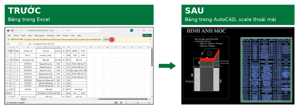 Trước và sau khi dùng lisp D2X: bảng Excel đưa vào AutoCAD