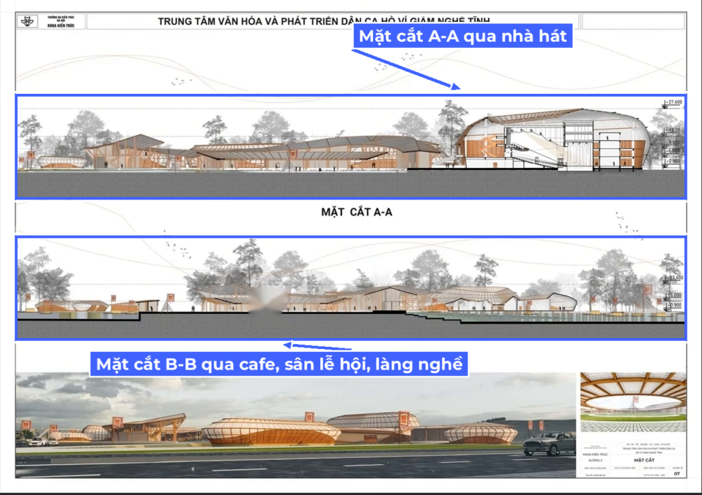 Mặt cắt A-A nhà hát và B-B sân lễ hội đồ án tốt nghiệp kiến trúc