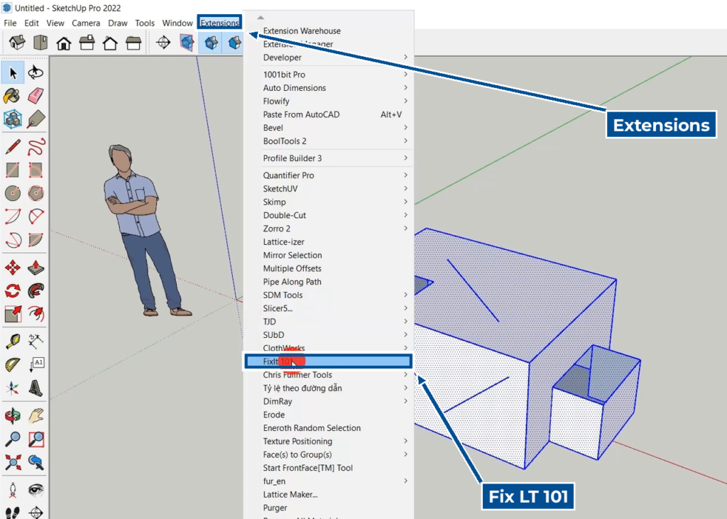 Plugin Fix LT 101 nằm trong menu Extensions của SketchUp