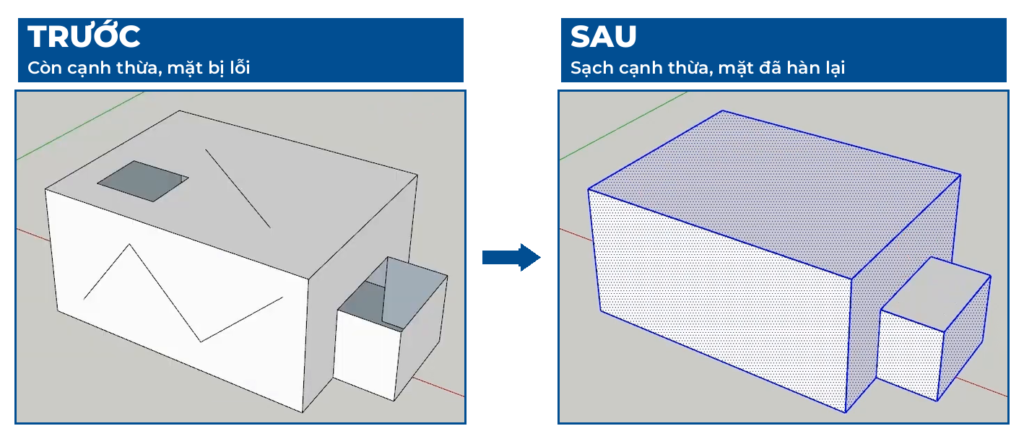 Trước và sau khi dùng plugin Fix LT 101 SketchUp xóa cạnh thừa hàn mặt lỗi
