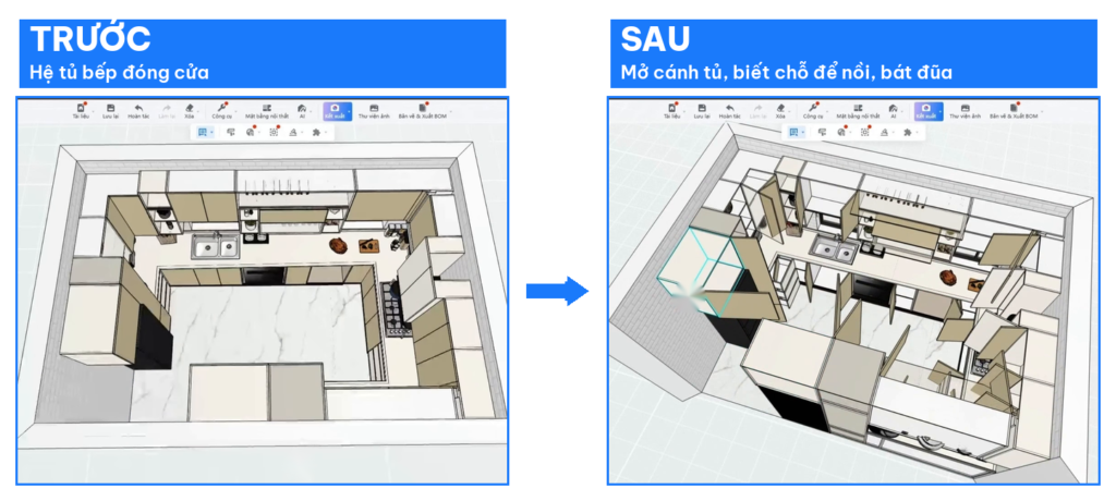 Hệ tủ bếp Coohom đóng cửa và mở cánh tủ trong 3D