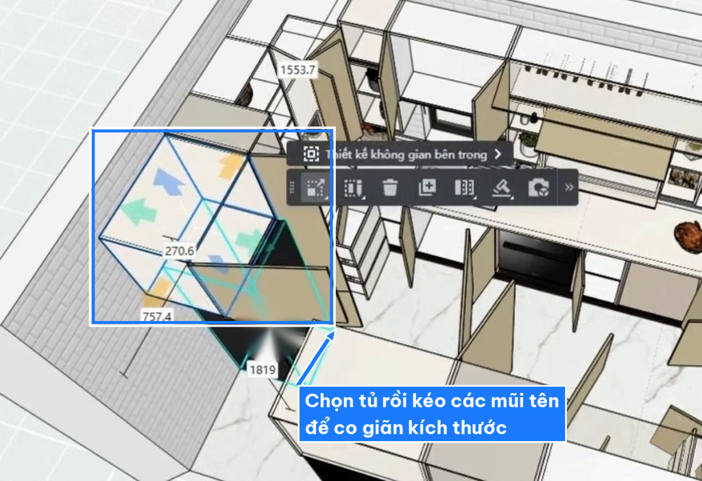 Chọn tủ rồi kéo mũi tên để co giãn kích thước tủ trong Coohom