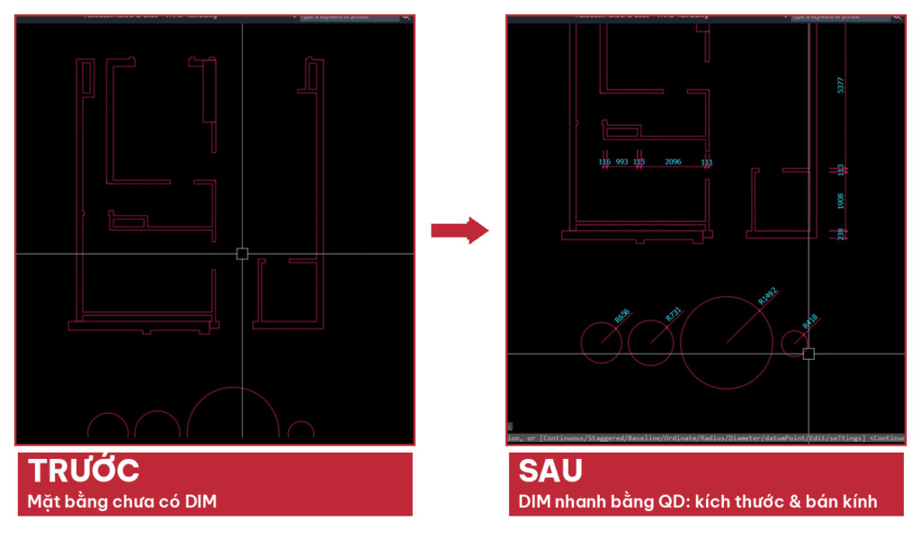 Trước và sau khi dim nhanh bằng lệnh QuickDim QDIM trong AutoCAD