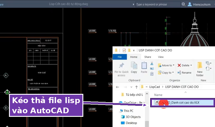 Kéo thả file lisp đánh cốt cao độ vào AutoCAD