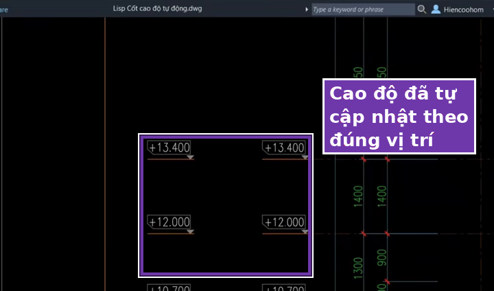 Các cốt cao độ đã tự cập nhật theo đúng vị trí sau khi dùng lisp