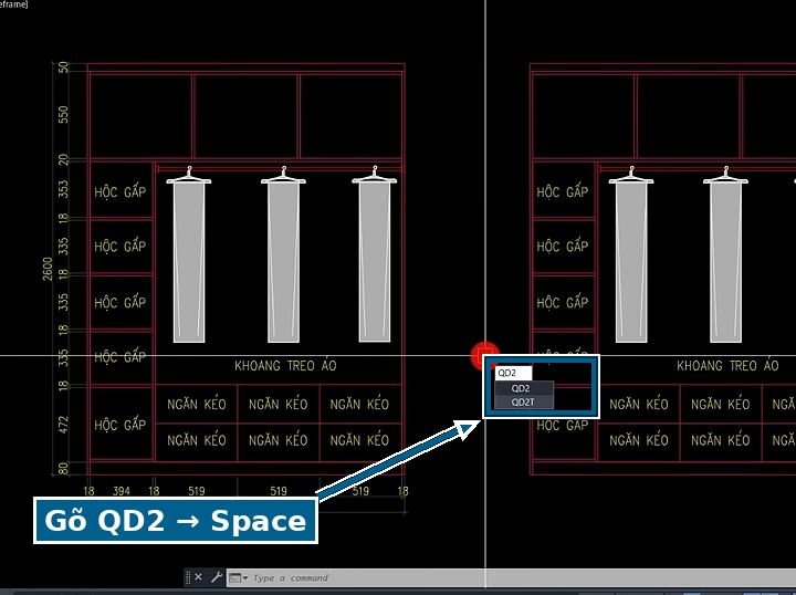 Gõ lệnh QD2 rồi Space trong AutoCAD để dim 2 lớp