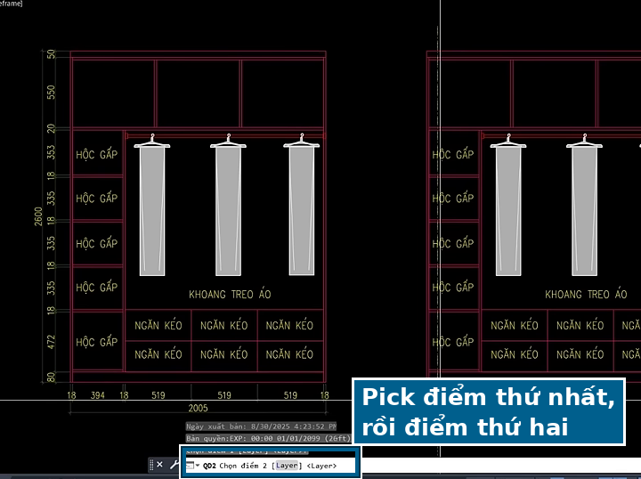 Dòng lệnh QD2: pick điểm thứ nhất rồi pick điểm thứ hai