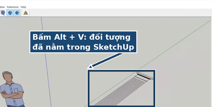 Bấm Alt + V trong SketchUp, đối tượng từ AutoCAD đã nằm trong SketchUp