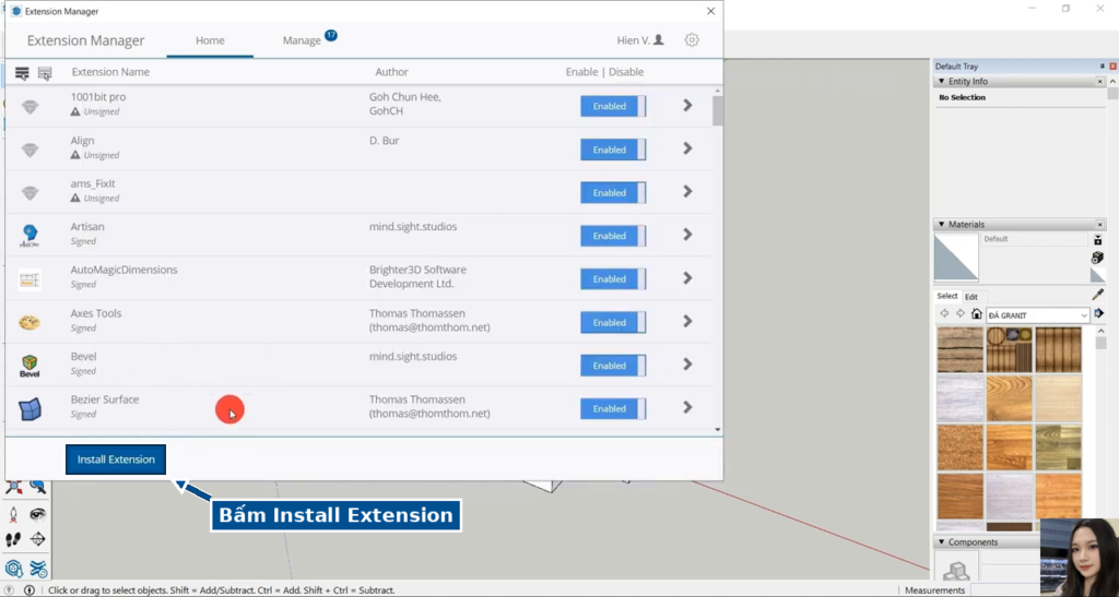 Bấm Install Extension trong Extension Manager của SketchUp