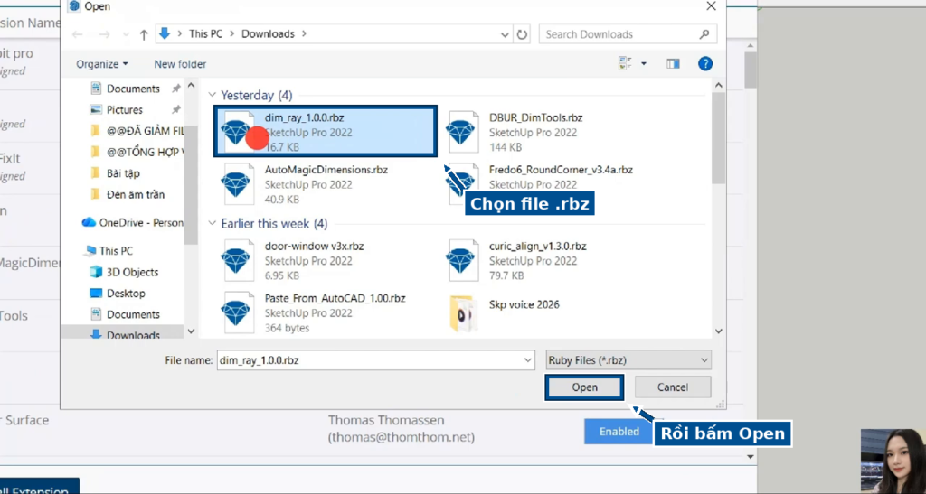 Chọn file plugin đuôi .rbz rồi bấm Open để cài