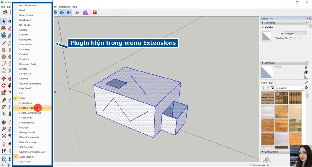 Plugin sau khi cài hiện trong menu Extensions của SketchUp