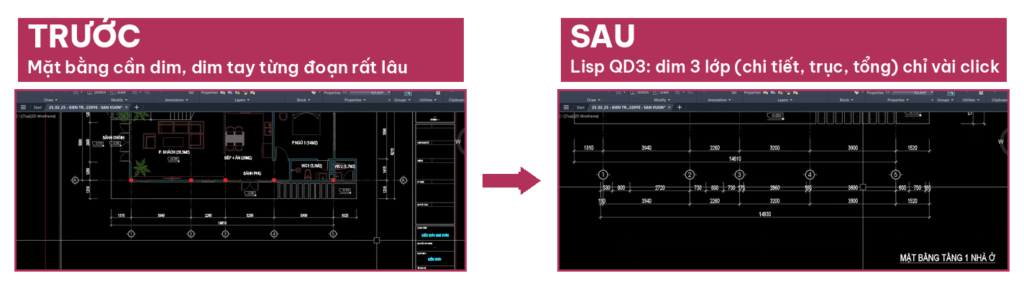 Trước và sau khi dùng lisp QD: mặt bằng chưa DIM và đã DIM 3 lớp