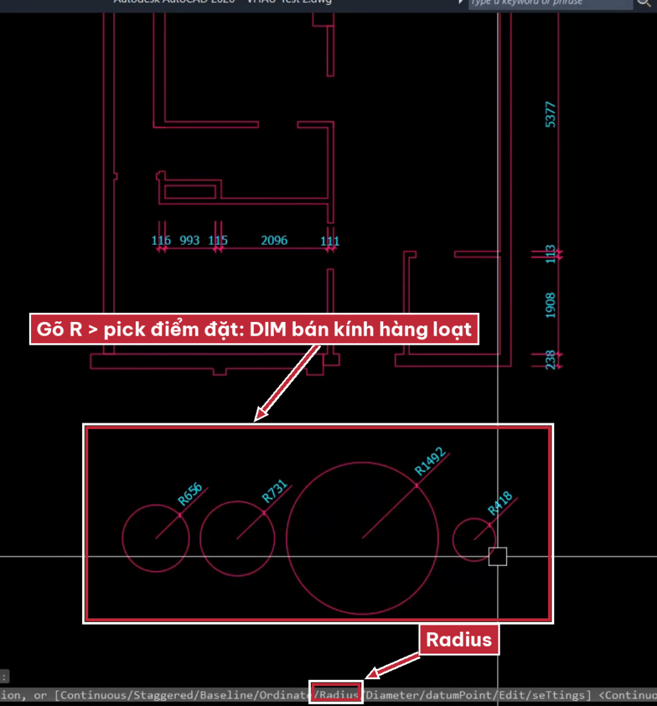 Gõ R Radius rồi pick điểm đặt để dim bán kính hàng loạt trong AutoCAD