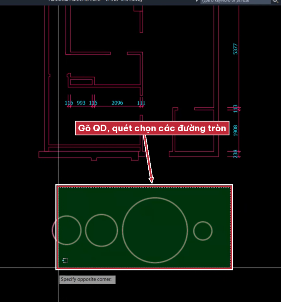 Gõ QD rồi quét chọn các đường tròn để dim bán kính trong AutoCAD